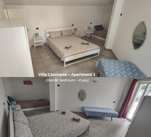 two pictures of a bedroom with a bed and a couch at Pool Seaside Relais - VILLE Ninfea, Marea, Rosa e Cassiopea in Fontane Bianche