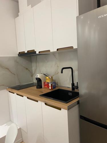 a kitchen with a sink and a refrigerator at Riara Home in Vlorë