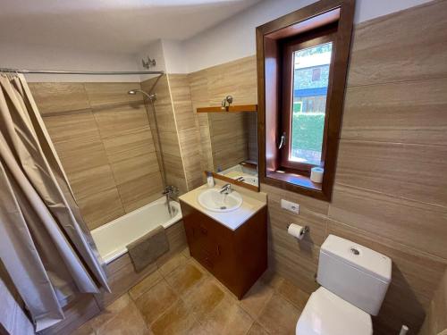 a bathroom with a toilet and a sink and a window at House surrounded by mountain and nature in Riu de Cerdanya