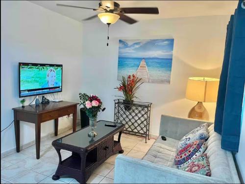 a living room with a couch and a flat screen tv at Rare find! Cozy 2-bedroom Apartment in Venetian Road in Turtle Cove