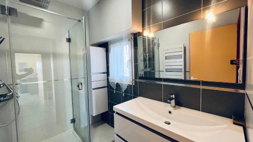 une salle de bain avec un lavabo et une douche en verre dans l'établissement Hollywood, piscine, lac et golf, à Saint-Jean-de-Monts