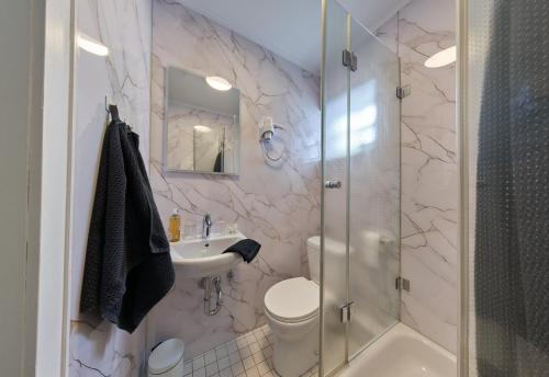 a bathroom with a shower and a toilet and a sink at Pension Am Sültebrunnen in Bad Oeynhausen
