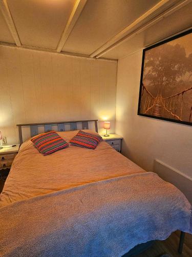 a bedroom with a bed with two pillows on it at natuur huisje in Anloo