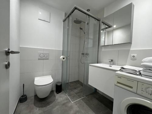 a bathroom with a shower and a toilet and a sink at Bauern 65 in Altach