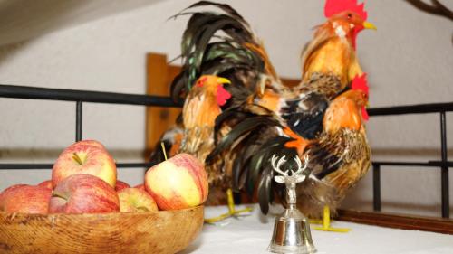 a group of chickens standing next to a basket of apples at Bergwald Appartements Alpbach in Alpbach