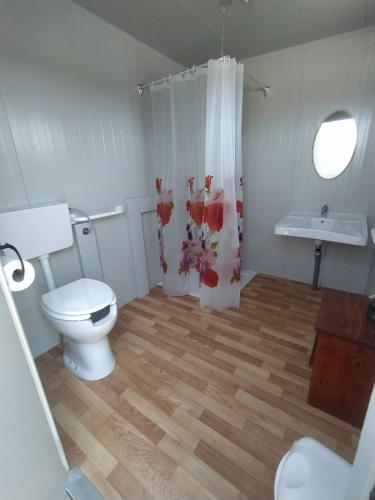 a bathroom with a toilet and a sink at Camping B&B La Contea in SantʼAnna Arresi