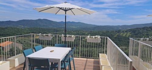 a white table and chairs on a balcony with an umbrella at homeliday ACTIVE in Caldana