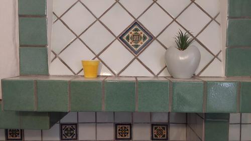 a counter with two vases and a plant on it at Giuel Apartment in Lecce