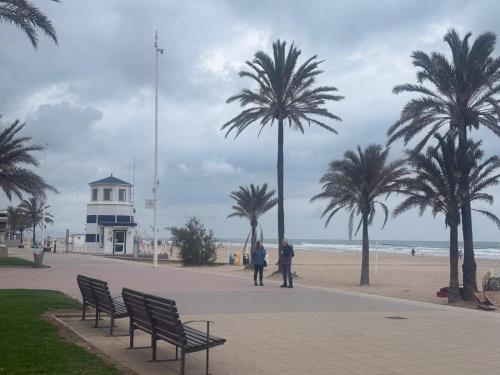 ガンディアにあるMagnifico Piso en Playa de Gandiaのヤシの木のあるビーチを歩く二人