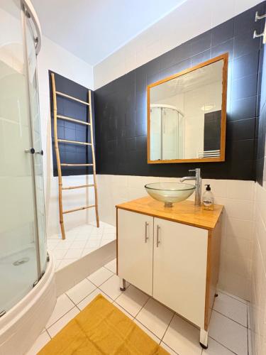 a bathroom with a sink and a mirror at Biarritz Centre Jardin Public et Gare du Midi in Biarritz