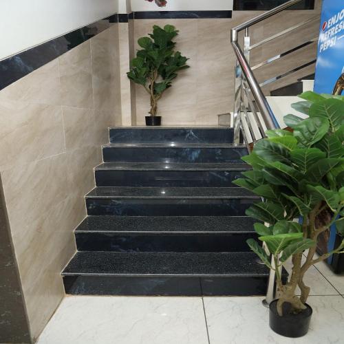 a set of stairs in a building with potted plants at Hotel Satyam Residency in Navi Mumbai
