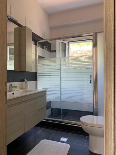 a bathroom with a shower and a sink and a toilet at Villa Mira in Ballaban