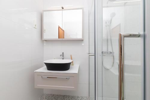 a bathroom with a sink and a mirror and a shower at BELLAVISTA apartman Punta in Veli Lošinj