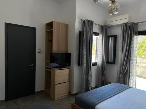 リバディオンにあるBlue Opal House in Livadi Beach Serifosのベッドルーム(ベッド1台、テレビ、ドア付)