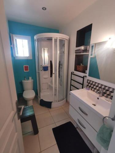 une salle de bain avec une douche, des toilettes et un lavabo dans l'établissement Le cigalon, à Saint-Maximin-la-Sainte-Baume