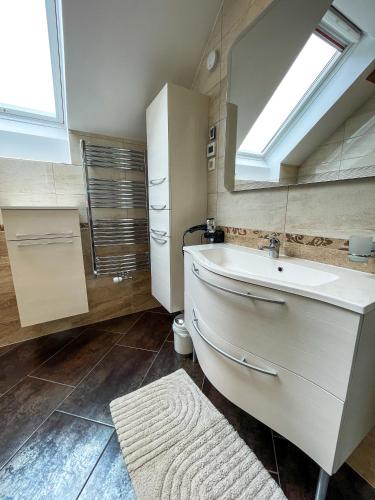 a bathroom with a sink and a mirror at Apartment Landscape in Zgornje Gorje