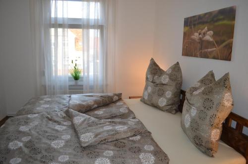 1 dormitorio con cama con almohadas y ventana en Ferienwohnung Edelweiss, en Bad Wilsnack