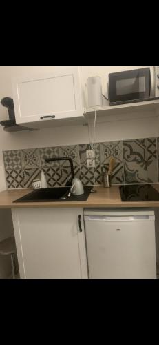 une cuisine avec un évier et un micro-ondes sur un comptoir dans l'établissement Les 4 Studettes, à Marseille