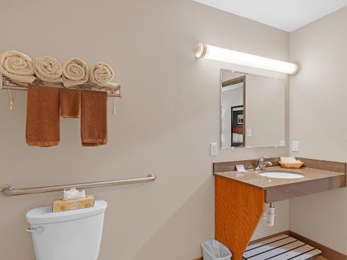 a bathroom with a sink and a toilet and a mirror at Bowman Lodge & Convention Center in Bowman