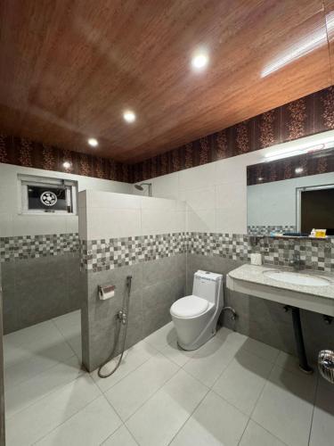 a bathroom with a toilet and a sink at Summit Hotel Skardu in Skardu