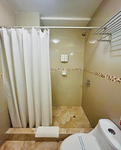 a bathroom with a shower curtain and a toilet at Casona Plaza Hotel Colonial in Arequipa