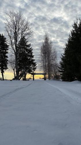 a snow covered field with trees in the distance at Farmhouseinn1923 