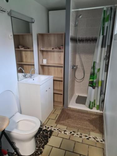 une salle de bain avec toilettes, douche et lavabo dans l'établissement La maison du bonheur, au Crotoy