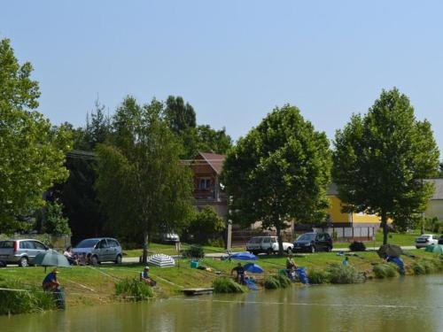 a group of people sitting on the grass near a river at Nyugalom Szigete, Kisház Kerkaszentkirály in Kerkaszentkirály