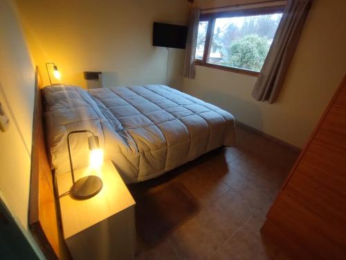 a small bedroom with a bed and a window at Cabañas Gnionguis in Villa La Angostura