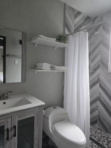 a bathroom with a toilet and a sink and a shower curtain at Casita Dulce in Fajardo