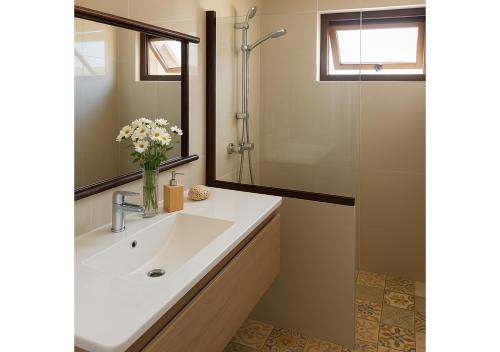 a bathroom with a sink and a shower at Frente al Mar - Punta de Choros Casa La Changa in La Higuera