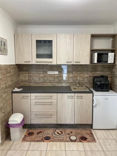a kitchen with a sink and a counter top at Elvira Vendégház in Kisbodak