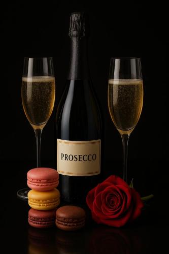 deux verres de prosecco à côté d'une bouteille de champagne dans l'établissement Loubottine sauna and balnèo, à Romans-sur-Isère