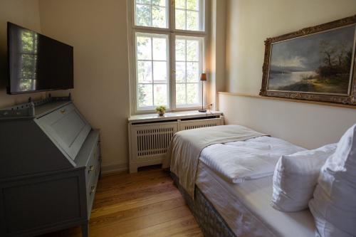 a bedroom with a bed and a television and a window at Schlosshotel Neustrelitz in Neustrelitz
