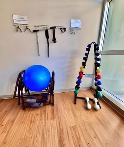 a gym with a blue ball and a exercising apparatus at Exuberante studio Bem no centro da Cidade in Curitiba