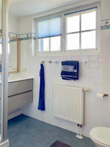 a bathroom with a sink and a toilet and a window at Dat Müggenhus in Wieck in Wieck