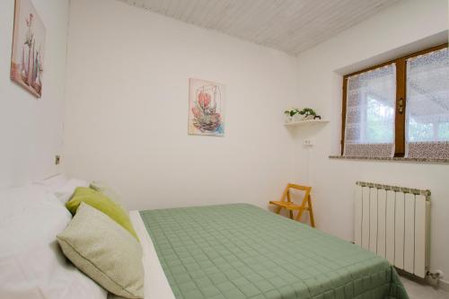 a bedroom with a green bed and a window at Villa Asia, private villa with pool in Panicarola