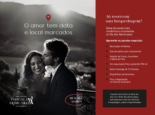 a flyer for a wine event with a man and a woman at Hotel Boutique Vinícola Araucária by Slaviero Hotéis in São José dos Pinhais