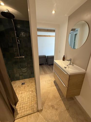 une salle de bain avec une douche, un lavabo et un miroir dans l'établissement Le Cadran Solaire, à Villecroze