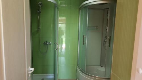 a shower with a glass door in a bathroom at Hotel in Kraslava in Krāslava