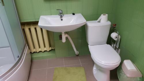 a green bathroom with a toilet and a sink at Hotel in Kraslava in Krāslava