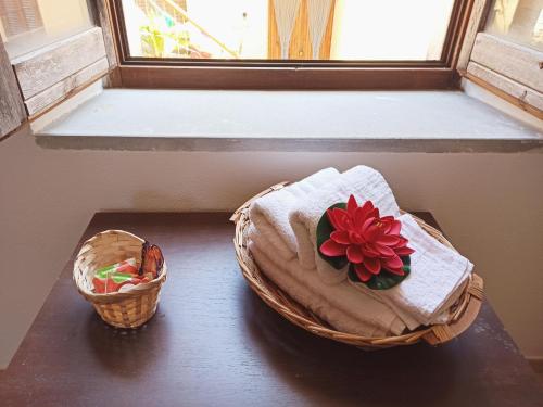 a table with a basket and a flower on a window at Eco Ostello Grisolia in Grisolia