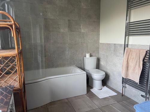 a bathroom with a bath tub and a toilet at The Retreat in Paignton