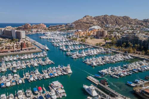 an aerial view of a harbor filled with boats at Bisbee's Favorite in Cabo Marina Sleeps 12 in Cabo San Lucas