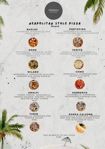 a menu for a pizza restaurant on a wall at Family 2 bed apartment with stunning sea views in Puerto Galera