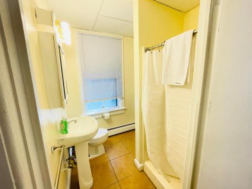 a bathroom with a sink and a toilet and a window at One bedroom near Whole Foods, Brown Univeristy, Miriam Hospital 531 in Providence