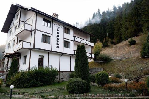 a large white building on a hill with trees at TRIIBRIA Guest house in Trigrad