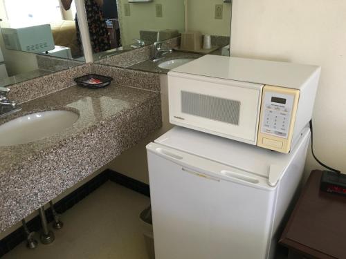 a microwave on top of a refrigerator in a bathroom at Red Carpet Inn - Gettysburg in Gettysburg