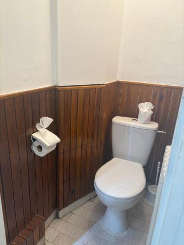 a bathroom with a toilet and two rolls of toilet paper at Nouvel Hôtel in Paris