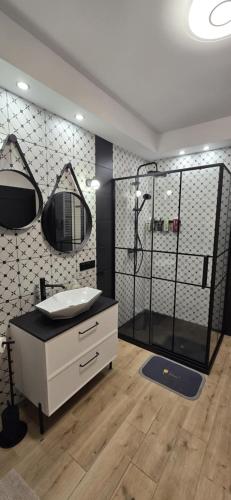 a bathroom with a shower and a sink at Apartament Burgund 2 pokojowy z ogródkiem lub pokoje ze wspólną kuchnią i łazienką in Warsaw